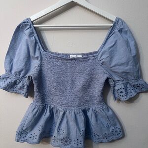 Luna skies blue cotton peasant top with puffy sleeves eyelet cottage fairy